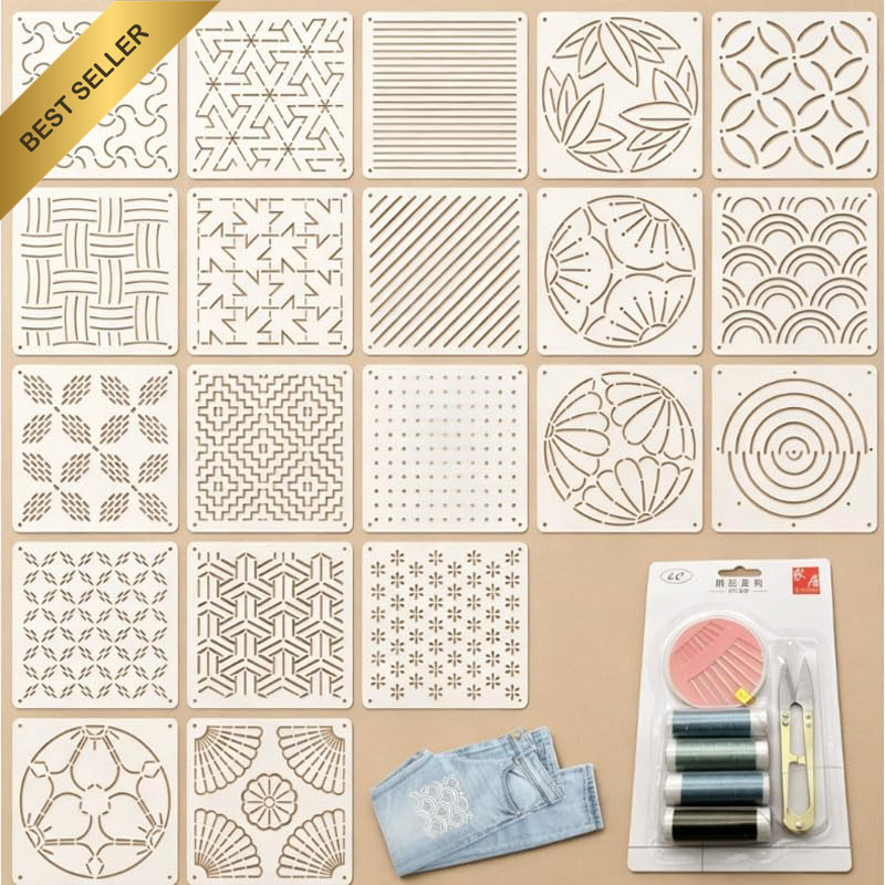 20Pcs Plastic Sashiko Stencil Kit with Needle and Thread Kit,Sashiko Thread