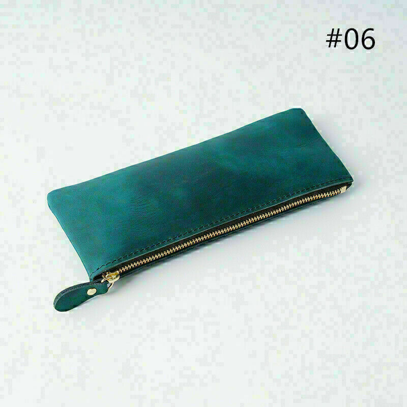 Handmade Cow Leather Pencil Bag Retro Zipper Pen Case School Office Stationery