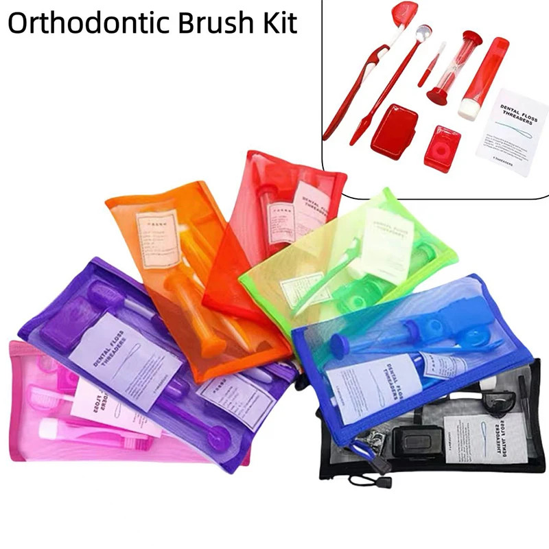 8Pcs Dental Care Brush Kit Teeth Cleaning Braces Floss Thread Wax Travel Kit