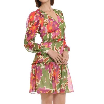 Donna Morgan Green Floral Print Long Sleeve V Neck Tiered Dress Womens 8
