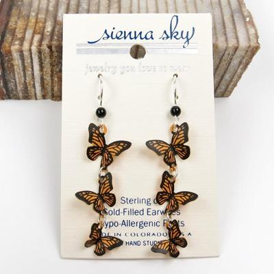 Sienna Sky Earrings Sterling Silver Hook Cascading 3D Monarch Butterflies Unique