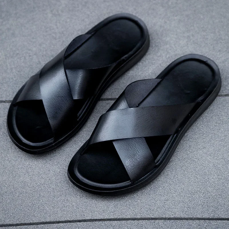Men's Summer Sandals Italian Leather Slippers Size 38-47 Beach Slip on Flats