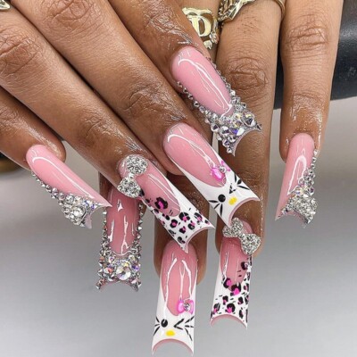 24pcs Kitty Cat Cute French False Nail Long Square Press on Nail for Nail Art