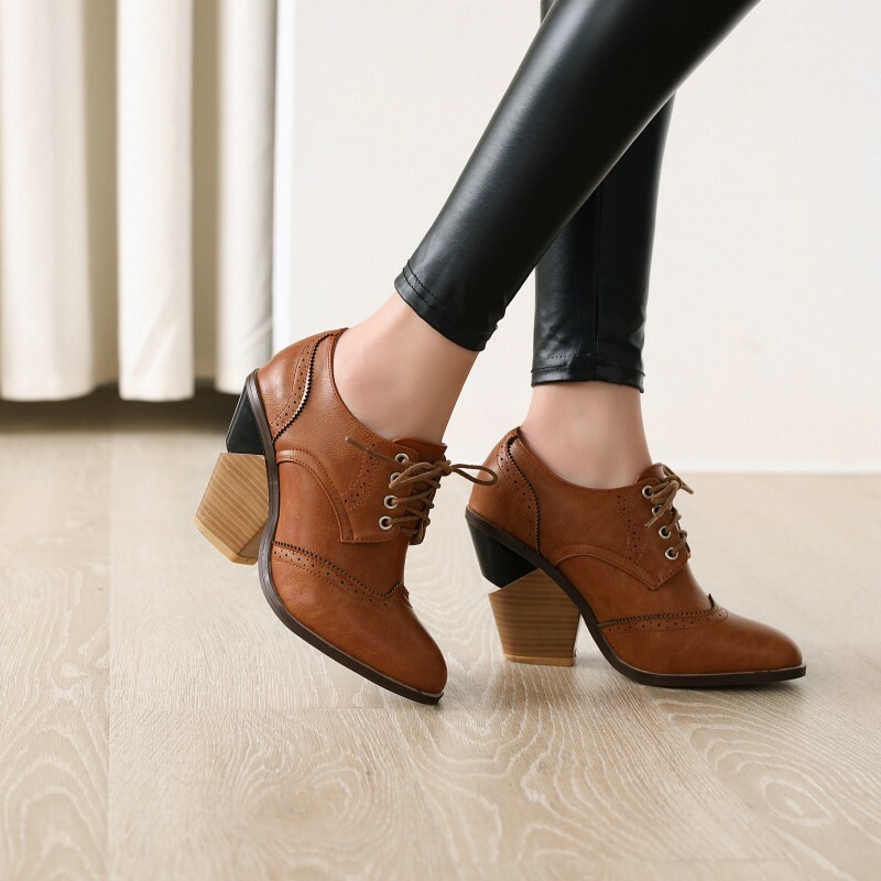 Womens Lace Up Oxfords Wingtip Brogues Block High Heels