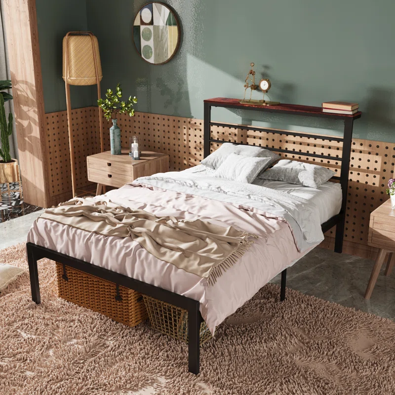 Azaruddin Metal Storage Platform Bed with Headboard Shelf