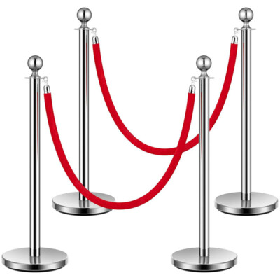 4PCS Stanchion Posts Silver Queue Pole with 2 Velvet Ropes Crowd Control Barrier