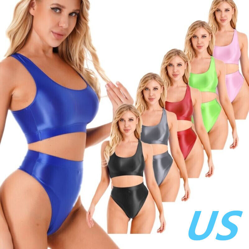 Us Womens Oily Glossy Yoga Workout Sets Crop Tops With Shorts Outfits Swimwear