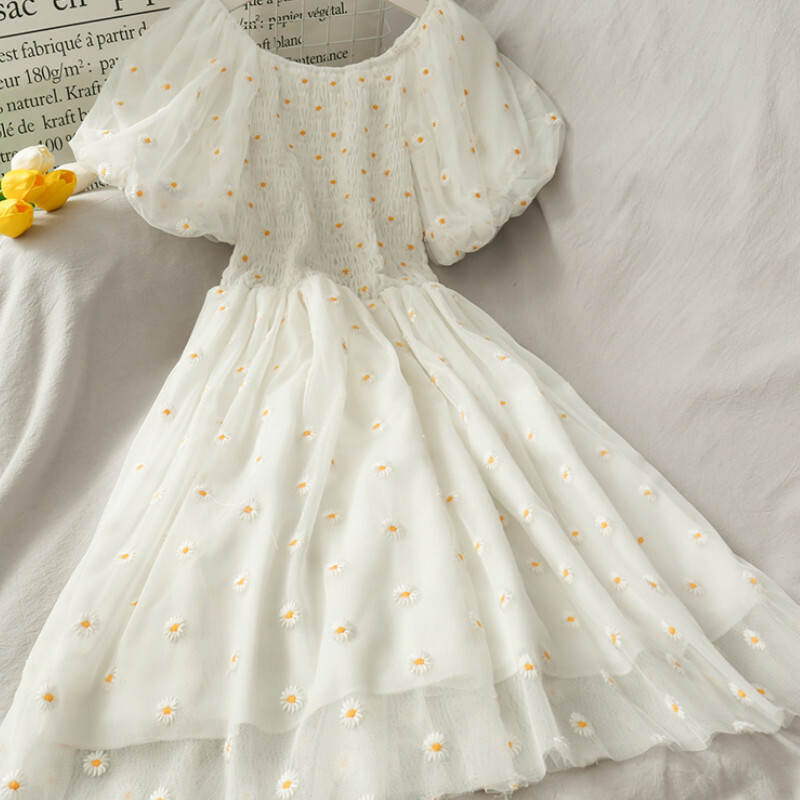 ★Angelnumber555★ Daisy puff dress Lemongrass - Puff-Sleeve Daisy Embroidery Smocked Mesh Dress