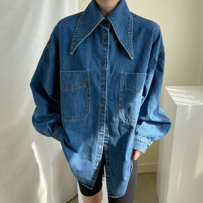 Unisex Denim Top Pointy Collar Shirt Single Breasted Vintage Style Pockets Loose eBay