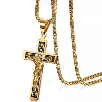Crucifijo Cadenas De Oro Cubana Para Hombre Collar Plata Acero Vintage Necklace