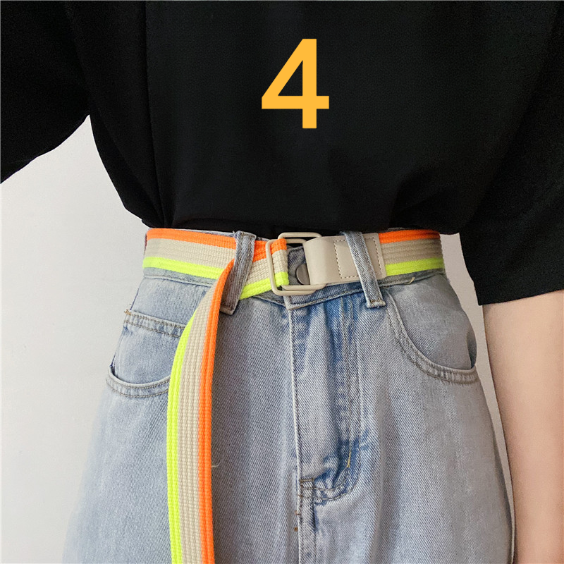 Women Girl Casual Canvas Waist Belt Rainbow Striped Double D-ring Buckle Belt