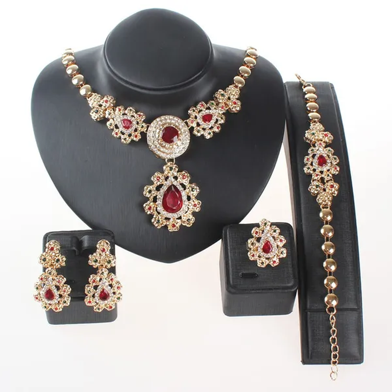 Fine Wedding Accessories African Beads Jewelry Sets Ruby Colorful Crystal Gold Plated Bridal Necklace Set