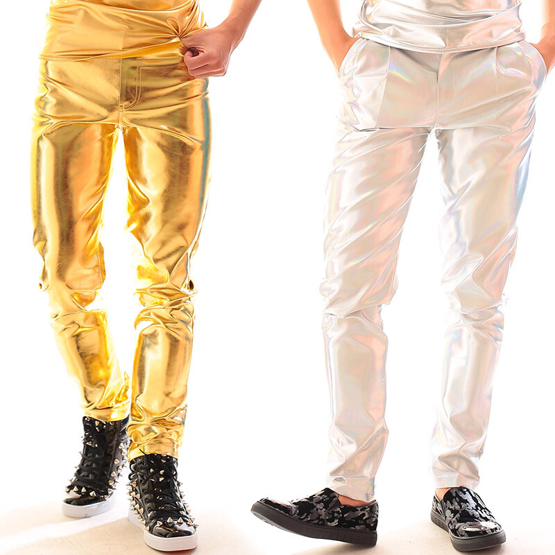 Men Leather Shiny Wet Look Pants Stretch PU Metallic Trousers Slim Fit Club