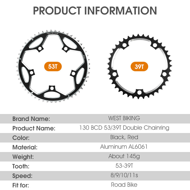 WEST BIKING Road Bike Double Chainring 130BCD 39/53T Tooth Plate 8/9/10/11 Speed