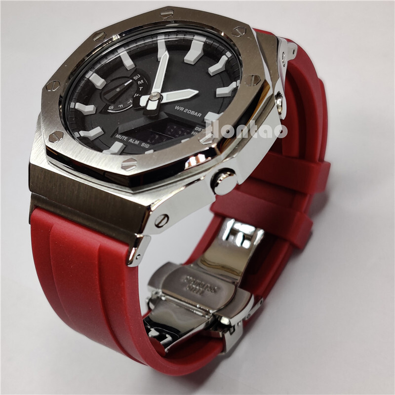 For GA-2100 2110 Watch Strap+Case Adapter Metal 2rd Bezel Rubber Watch