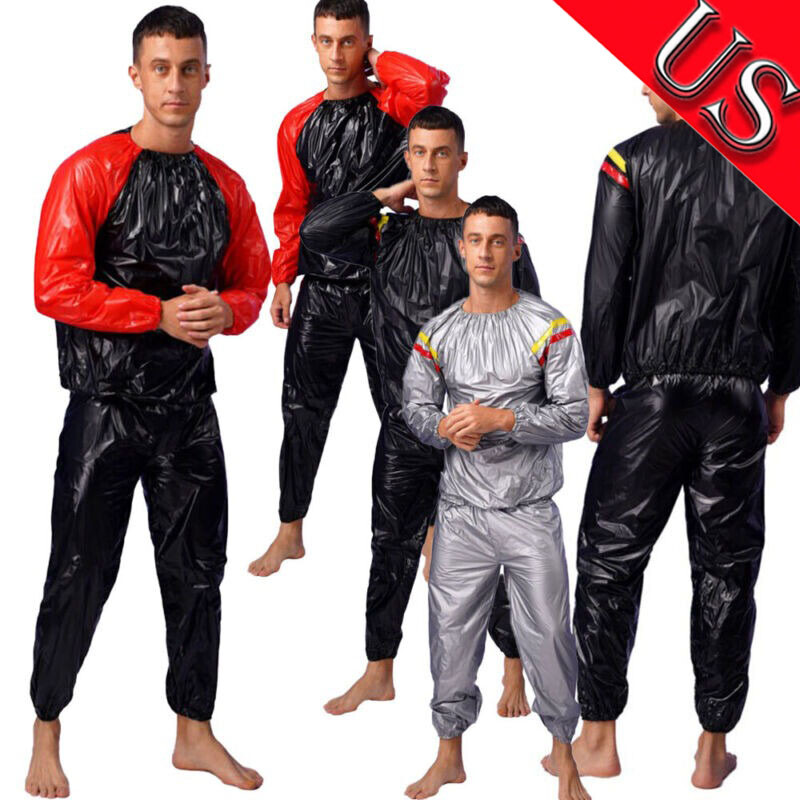US Men Workout Sauna Suit Fitness Weight Loss Sweat Suit Heavy Duty Long Sleeve