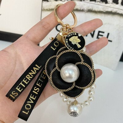 camellia Pearl string Key Chain Pendant Car Bag Purse Rhinestone charming Ring