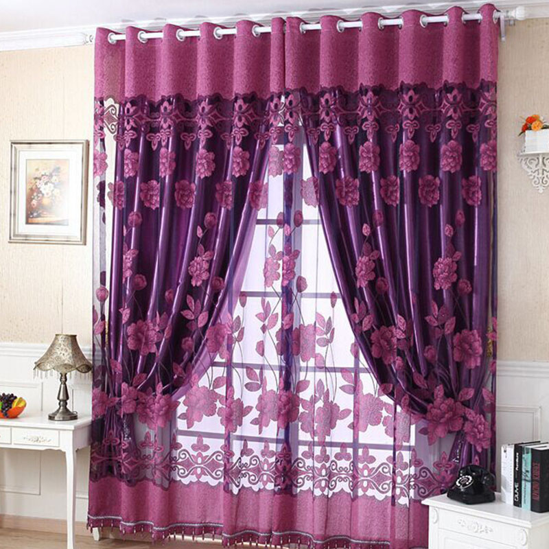 Voilage fleurs riches motifs Rideaux Tulle pour fenêtre de porte 200x100cm