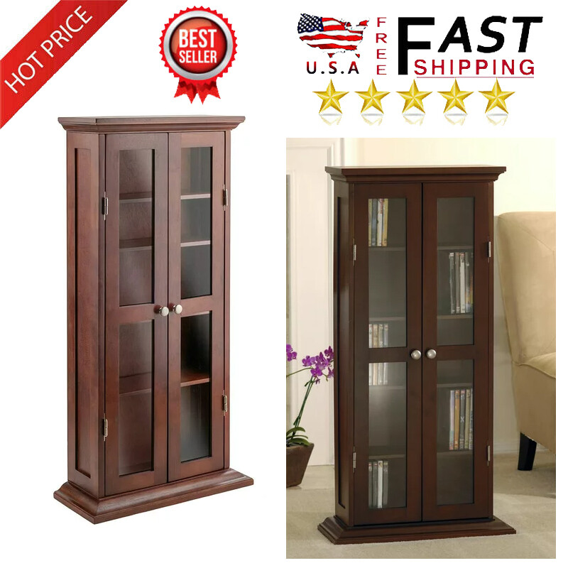 Wood Holden Media Cabinet Bookshelf Organizer CD DVD Storage Shelf Rack W/ Doors