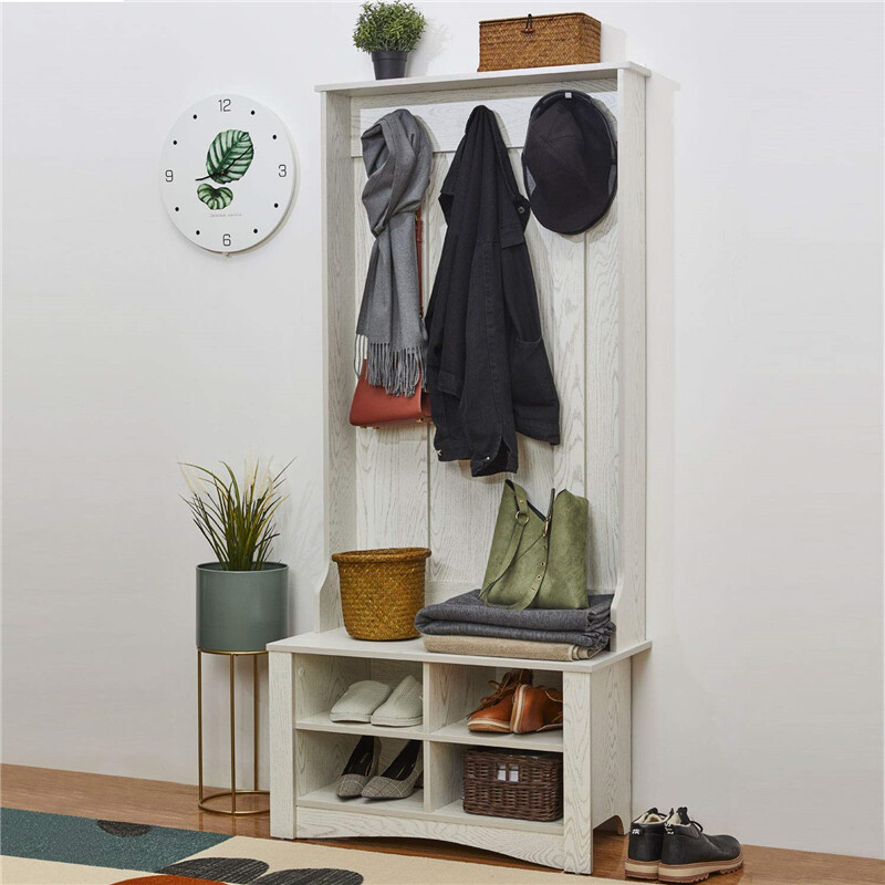 Wooden Entry Entryway Hall Tree Coat Rack W 3 Hooks Shoe
