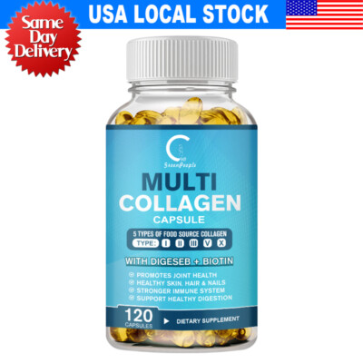 Multi Collagen Peptides-120 Capsules-Type I,II,III,V,X Anti-Aging Collagen Caps
