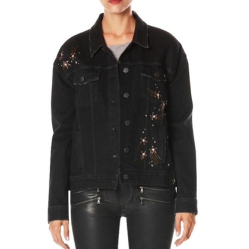 Paige Women's Sz M Josephine Star & Rhinestone Black Denim Jean Jacket EUC