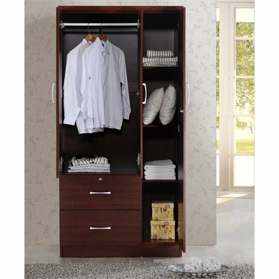 Hodedah 3 Door Armoire with 2 Drawers 3 Shelves in Mahogany Wood