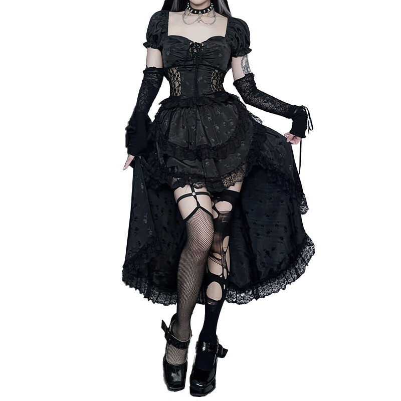 Black Lace Floral Skirt Midi Ruffled Irregular Tiered