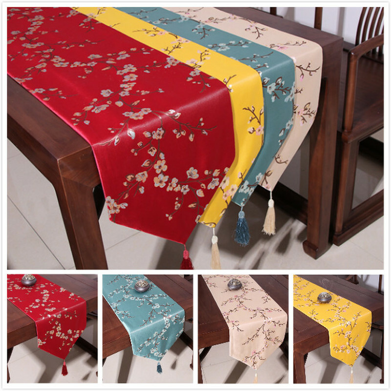 Chinese Table Runner Retro Plum Blossom Jacquard Tablecloth Party Decor Green