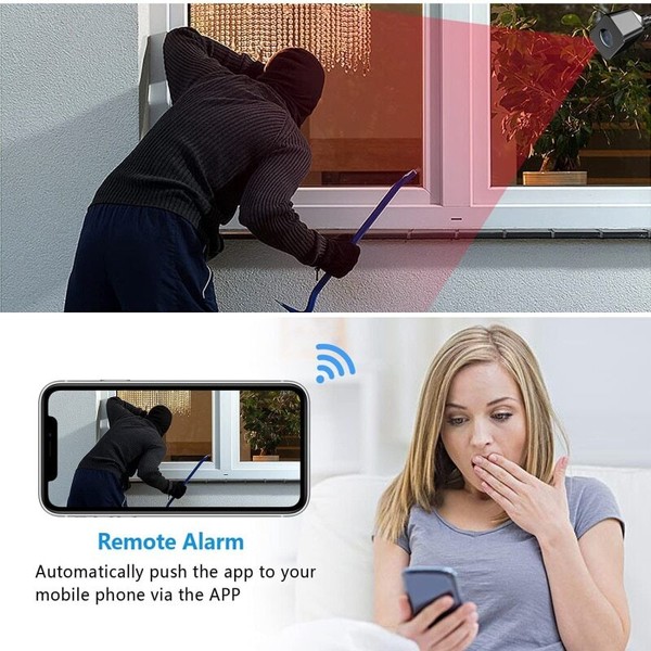 Burglary incident and alarmed woman receiving notification on smartphone