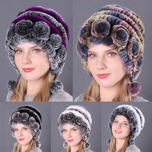 Women Warm Real Rex Rabbit Fur Hat Snow Cap Winter Hats Knit Beanies Fluffy Hats