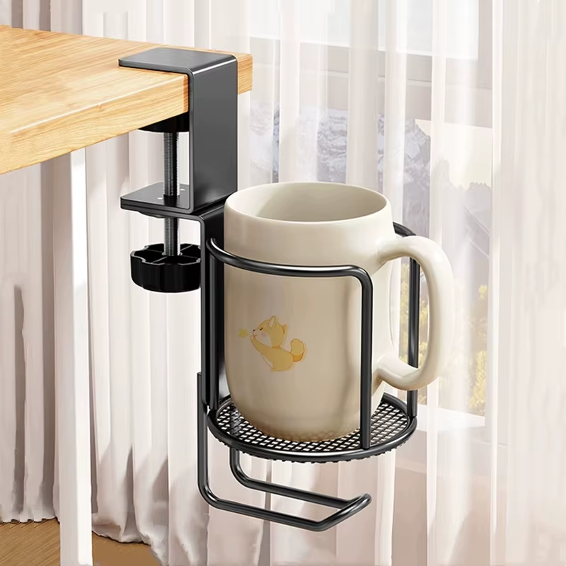 2 in 1 No Drill Desk Cup Holder Adjustable Upgraded Arm Clamp Stand 360 Degree R