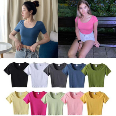 Kurzärmelig Basic Bauchfreies Top Damen Slim Fit Eng Tees Sommer T-Shirt , ▽
