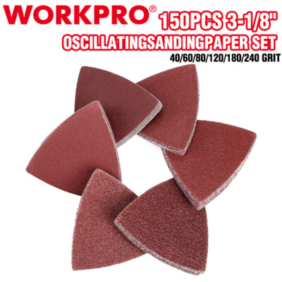 WORKPRO 150PCS 3-1/8'' Triangle Sanding Pads Hook Loop 40/60/80/120/180/240 Grits