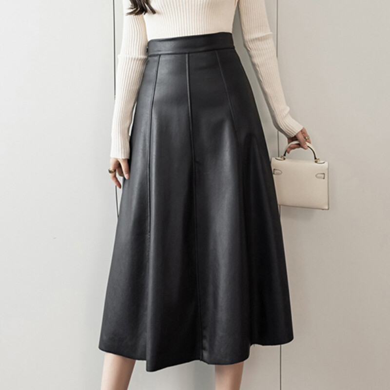 Femme Jupe Midi Simili Cuir Swing Taille Haute Fermeture Éclair Plissé Trapèze