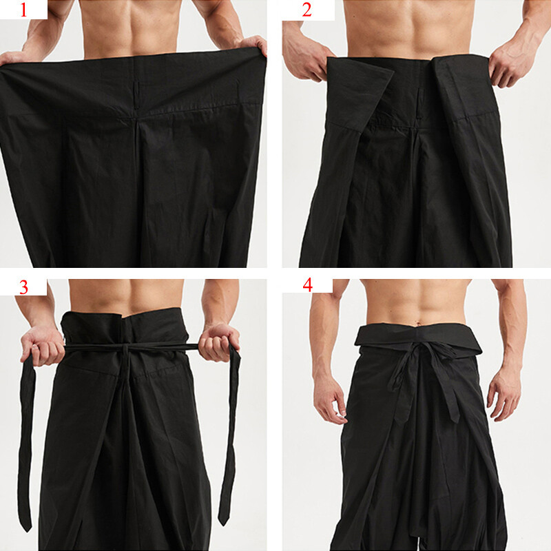 Herren Tiefer Niedriger Schritt Vintage Hose Gürtel Chinesisch Hanfu Mode Black