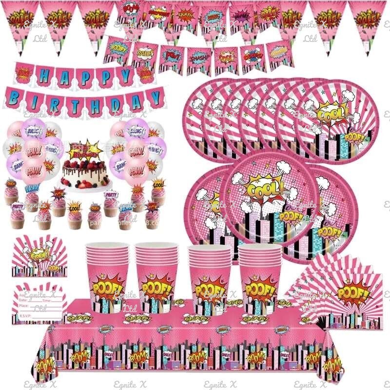 Super Girls Party Tableware, Decorations and Balloons Supplies, Pink Supergirl