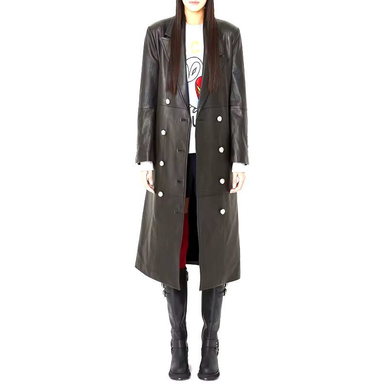 Women's Genuine Lambskin Leather Trench Coat Long Black Button Down Bleted