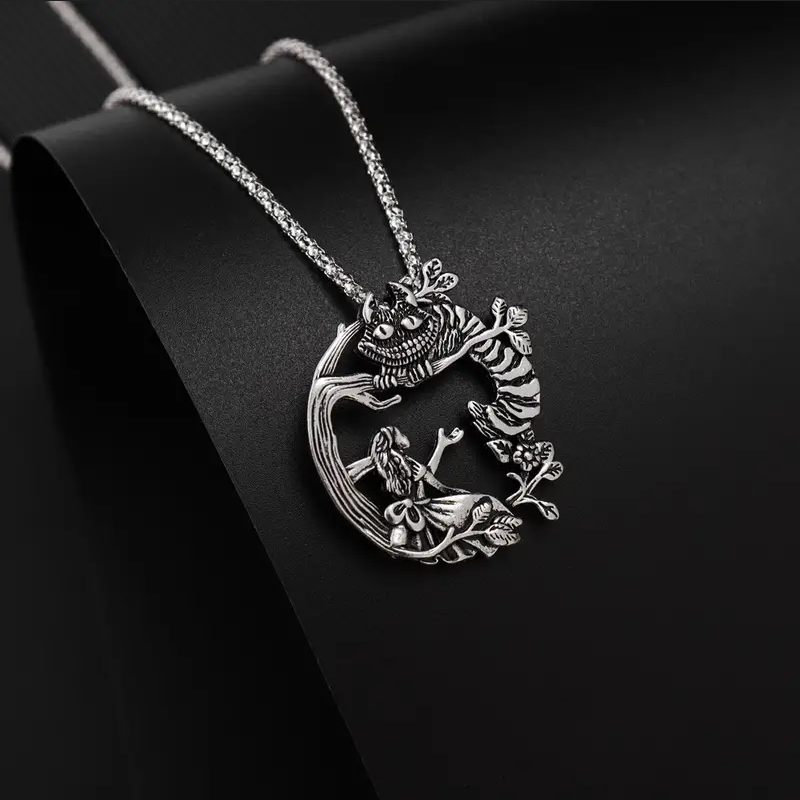 Alice In Wonderland Cheshire Cat Jewelry Vintage Silver Pendant Necklace