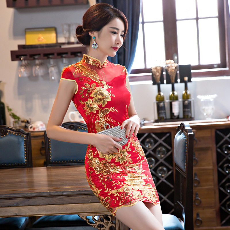 Women Cheongsam Lace Embroidery Wedding Bride Dress Chinese Mini Qipao ...