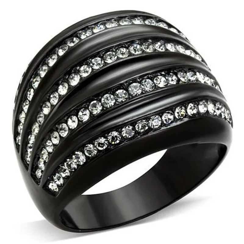 Women IP Black Stainless Steel Ring with Top Grade Crystal in Black Diamond - Size 6