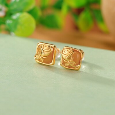 F02 Ohrringe Rose auf gelbem Bernstein vergoldetes Silber 925 Ohrstecker