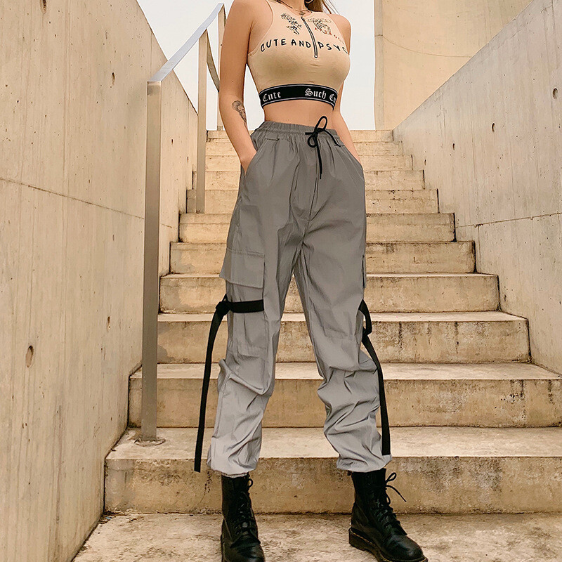 Womens Reflective Elasticated High Waist Cargo Pants Ladies Loose Long Trousers