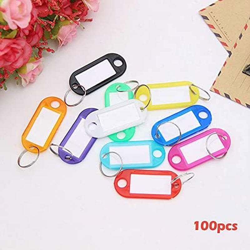100 Pack Tough Plastic Key Tags with Label Window ID Luggage Tag with Split Ring