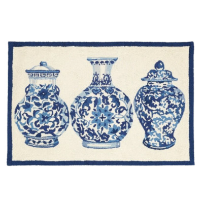 Blue & White Chinoiserie Kitchen Mat Wool Hooked Small Area Rug 2' x 3'