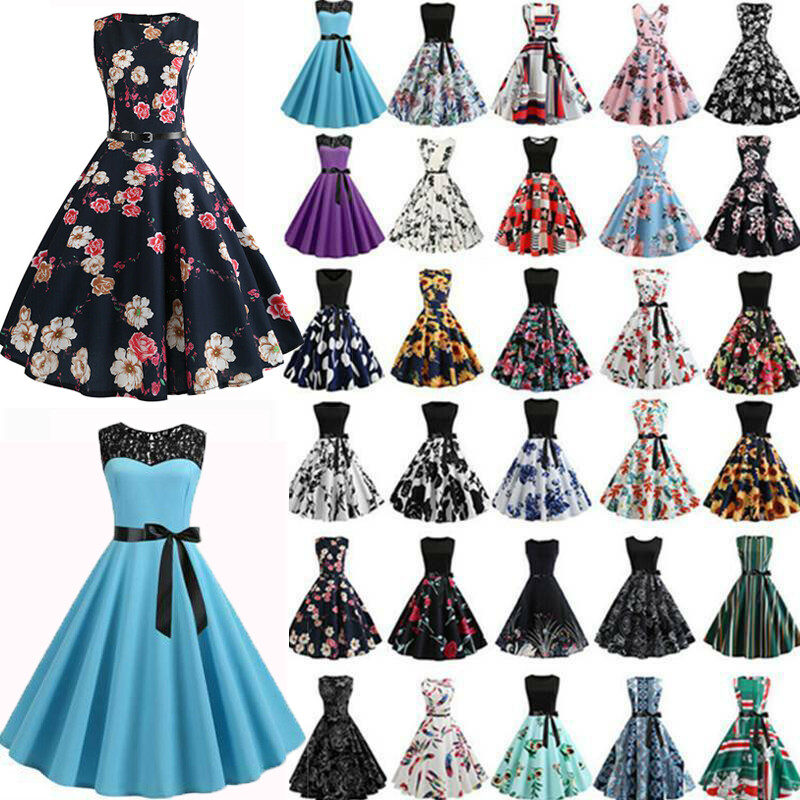Damen 50er 60er Vintage Midikleid Rockabilly Petticoat Hepburn Abend Partykleid
