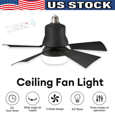 Silent Ceiling Fan E27 Socket Fan 30W with Dimmable LED Light Remote Controller