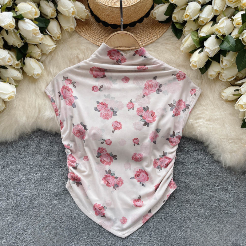 Donna Rete Canottiera Floreale Stretch Irregolare Tartaruga collo senza Maniche