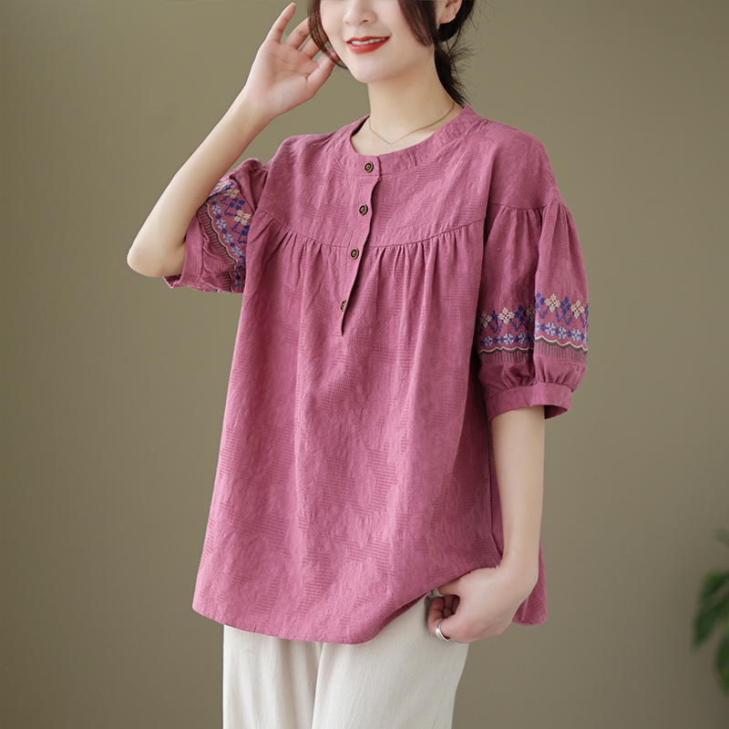 Donna Ricamo Camicetta Cotone Lino Puff Maniche T-Shirt Top Cinese Stile Etnico