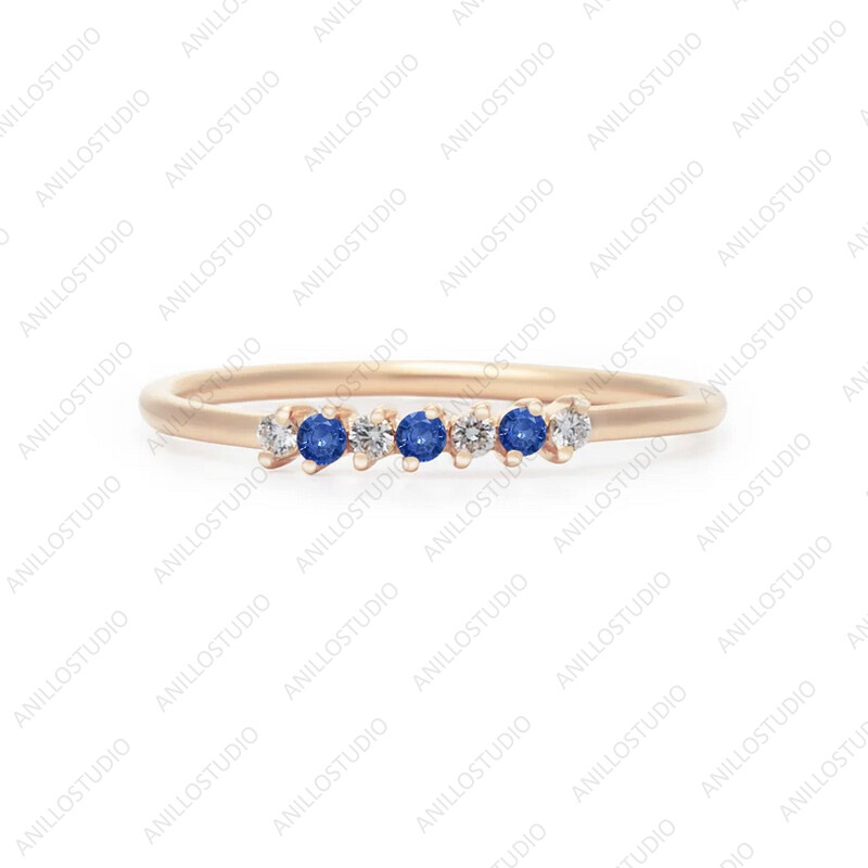 Pre-owned Handmade 14k Yellow Gold Natural Blue Sapphire Band Trio Sapphire, Dainty Ring Size 7